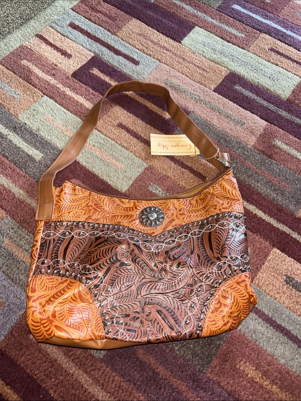 Tooled Floral Shoulder Bag with Concho Accent - Orange/Brown